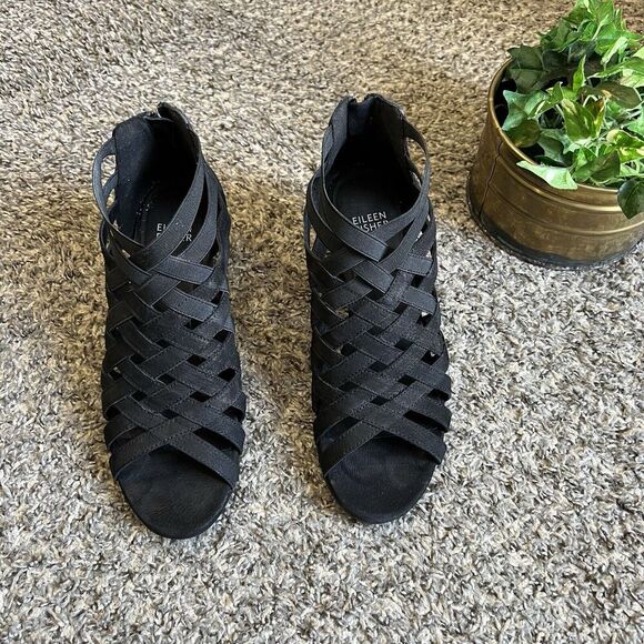 Eileen Fisher Oodle Black Nubuck Stretch Open Toe Caged Strappy Sandals Size 7.5 - Picture 8 of 10